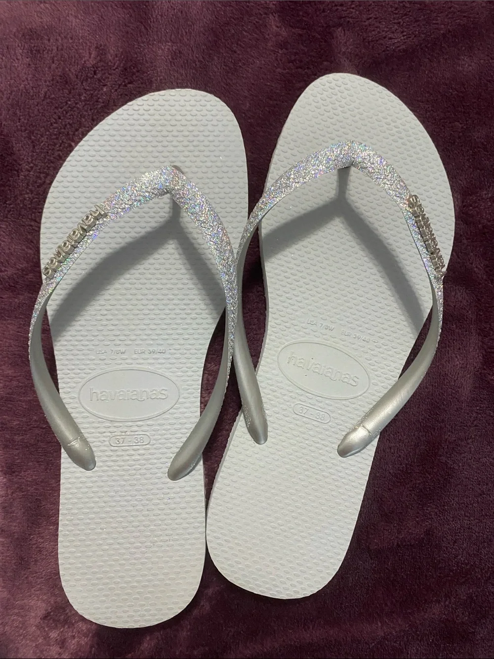 Havaianas White Flip Flops with Silver Glitter Straps - Women's